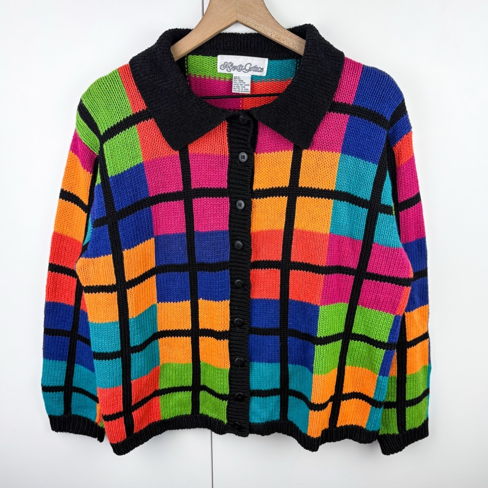 Vintage Rainbow Colorblock Multi Color Grid Cardigan Sweater Cotton Ramie Large